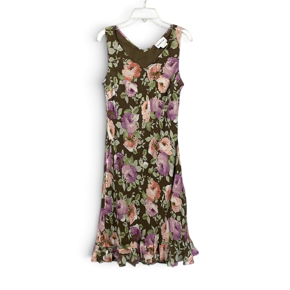 Amanda Lane Silk Floral Midi Dress Size 8 Brown Purple Ruffle Hem Romantic